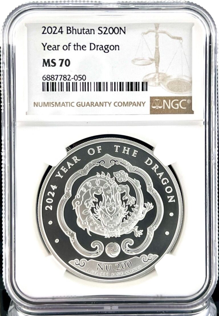 Read more about the article 2024 Bhutan Year of the Dragon BU 1 oz .999 Silver Coin  – NGC MS 70