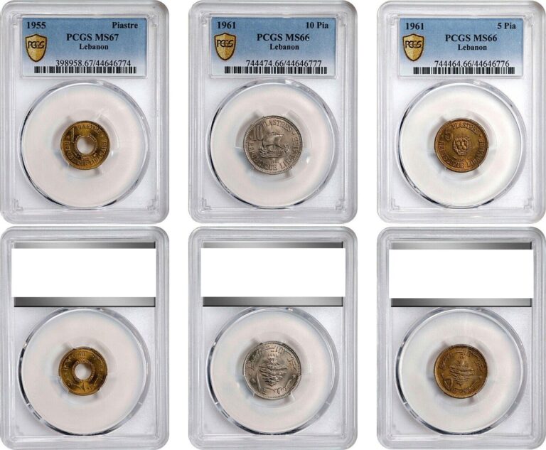 Read more about the article LEBANON    1   5 and 10 PIASTRES 1955 – 1961 ( LG ) PCGS 66-67   RARE