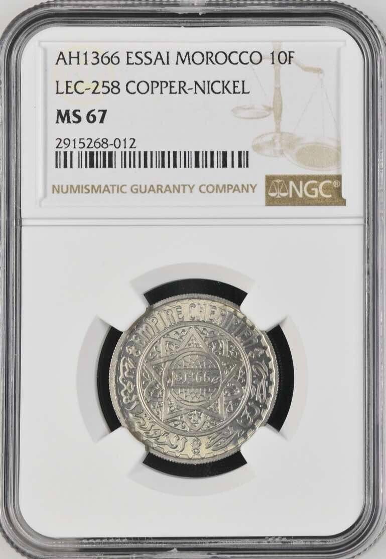 Read more about the article MOROCCO   ESSAI 10 FRANCS 1366 AH (LC) NGC MS 67 – TOP POP – PATTERN   RARE