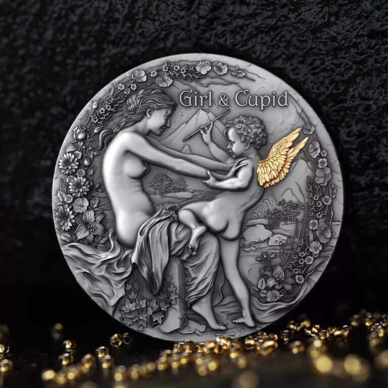 Read more about the article 2023 Cameroon 2 oz Antiqued Silver with Gold Gild Girl and Cupid Mintage of 500