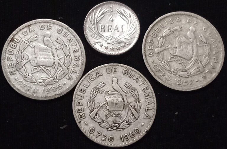 Read more about the article Guatemala **UNC 1896 1/4 REAL** 1955  1957  1960 5 Centavos – 4 Silver Coins