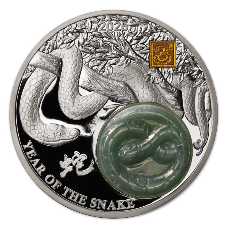 Read more about the article 2025 Burundi Year of the Snake with Jade 2 oz Silver Coin – 1 888 Mintage