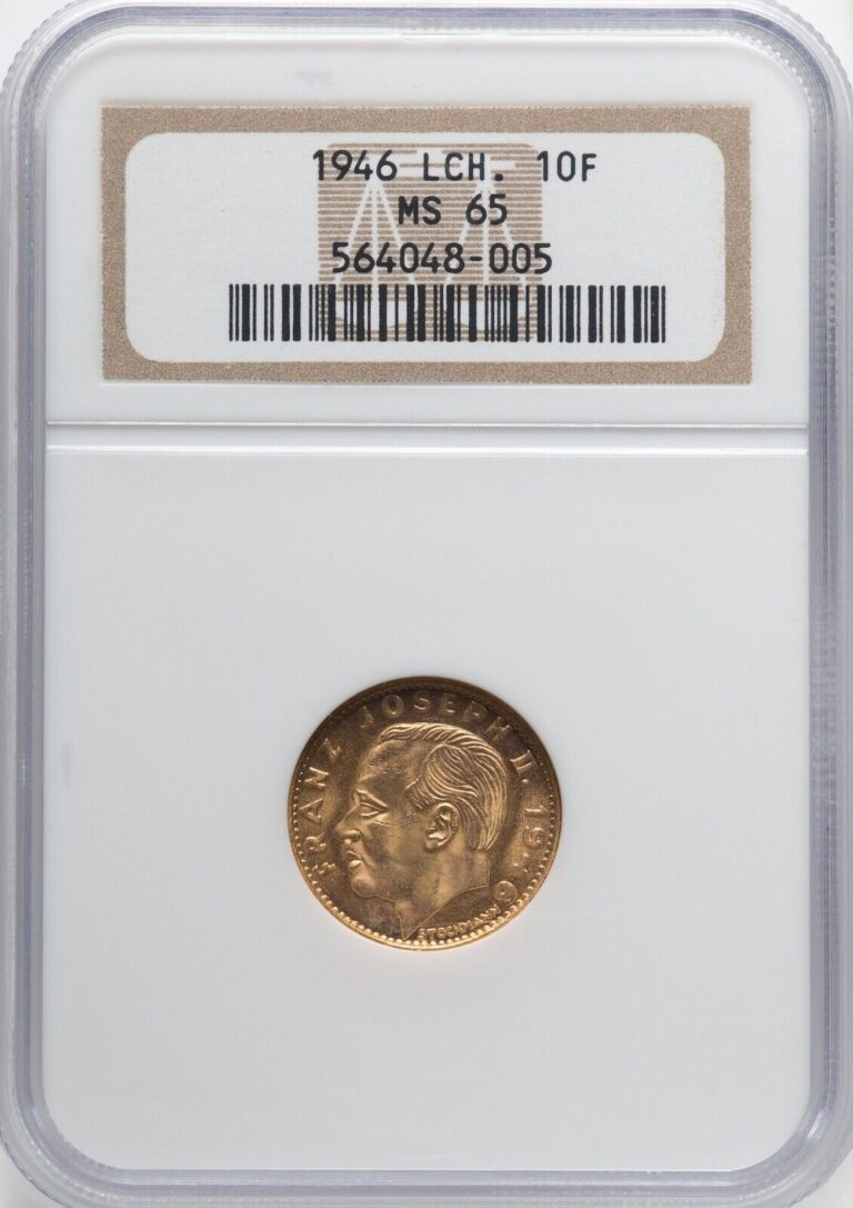Read more about the article LIECHTENSTEIN   GOLD 10 FRANKEN 1946 –  NGC MS 65    RARE5