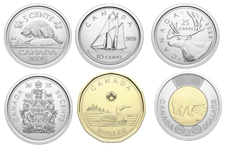 Read more about the article 2025 CANADA 5  10  25  50 CENTS  LOONIE  TOONIE 6 FIRST STRIKE COINS SET BU