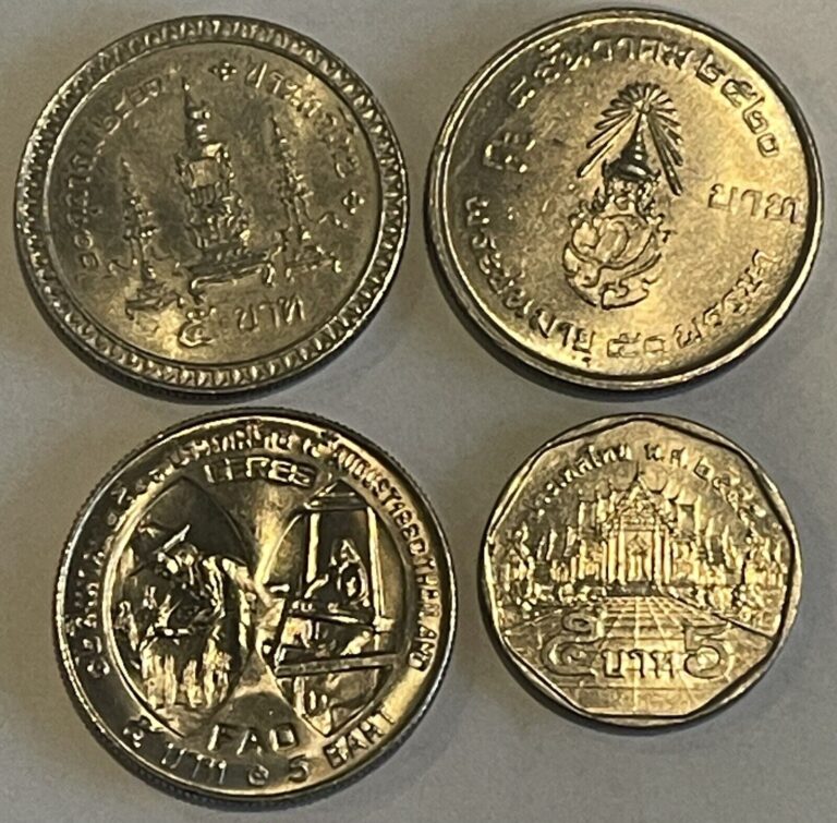 Read more about the article Thailand Lot of (4) Antique 5 baht coins 1977 1980 1980 2009 Nice Condition