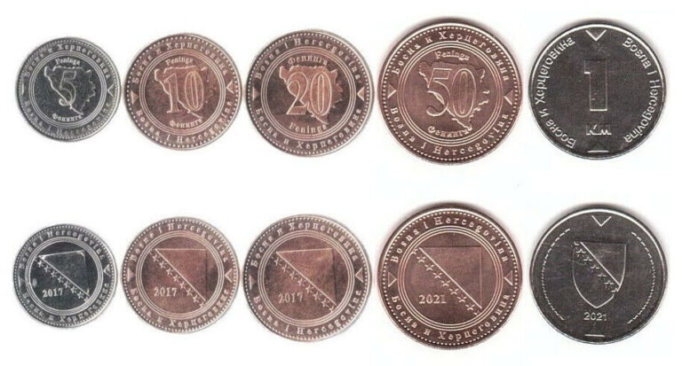 Read more about the article BOSNIA-HERZEGOVINA COIN SET 5+10+20+50 Feninga +1 K. Marka 2021 UNC LOT of 5