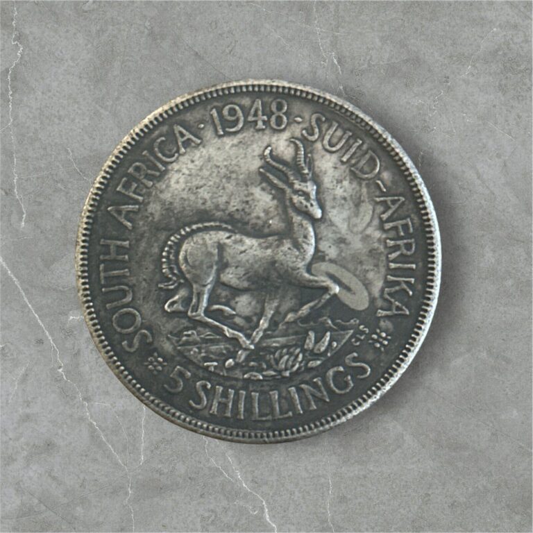 Read more about the article 1948 South Africa Silver Coin 5 Shillings – George VI  Springbok  E8