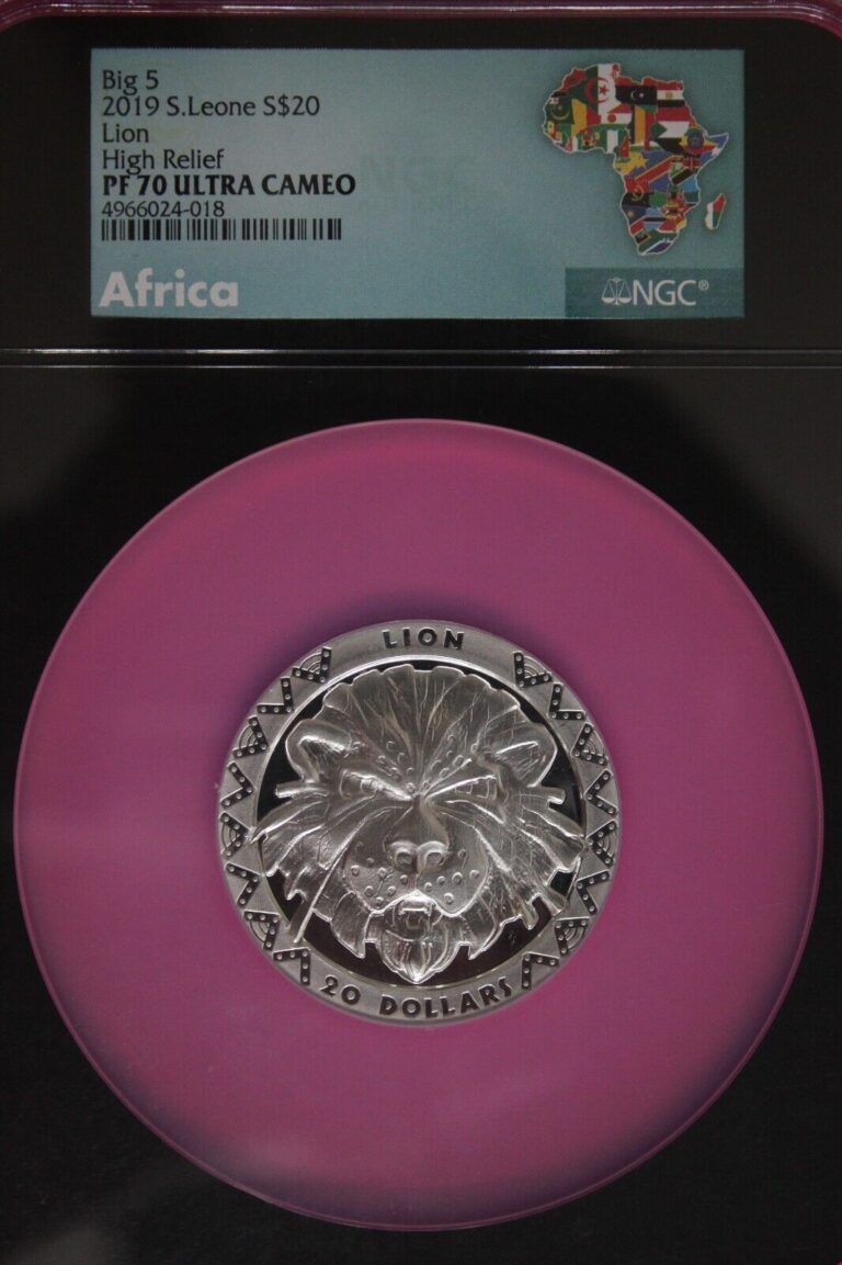 Read more about the article 2019 PF 70 2 Ounces Silver Lion High Relief 20 D Sierra Leone .999 Fine NGC 7048