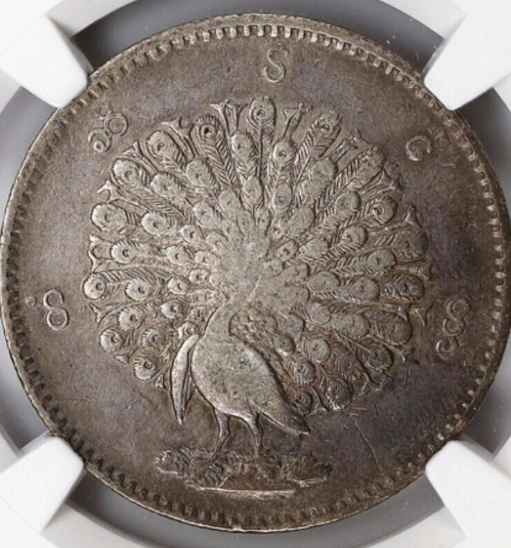 Read more about the article Burma PEACOCK 1 Kyat Silver Coin  1852 AD (CS1214)  Lettering Around Edge NGC XF