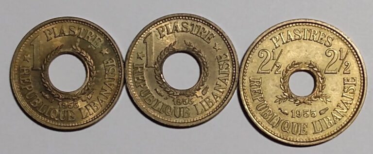 Read more about the article 1955 LEBANON 1 and 2 1/2 PIASTRES light Circulated (3 COINS) ALUMINUM BRONZE LIBAN