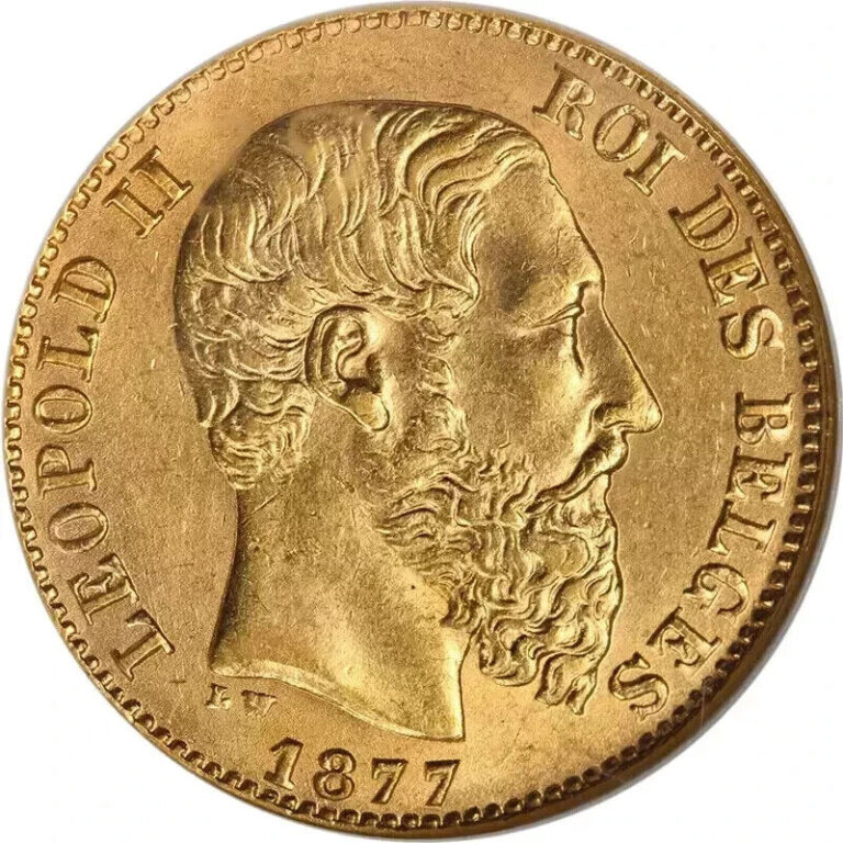 Read more about the article 1877 Belgium Gold 20 Franc Leopold II AU 14k Yellow Gold Finish