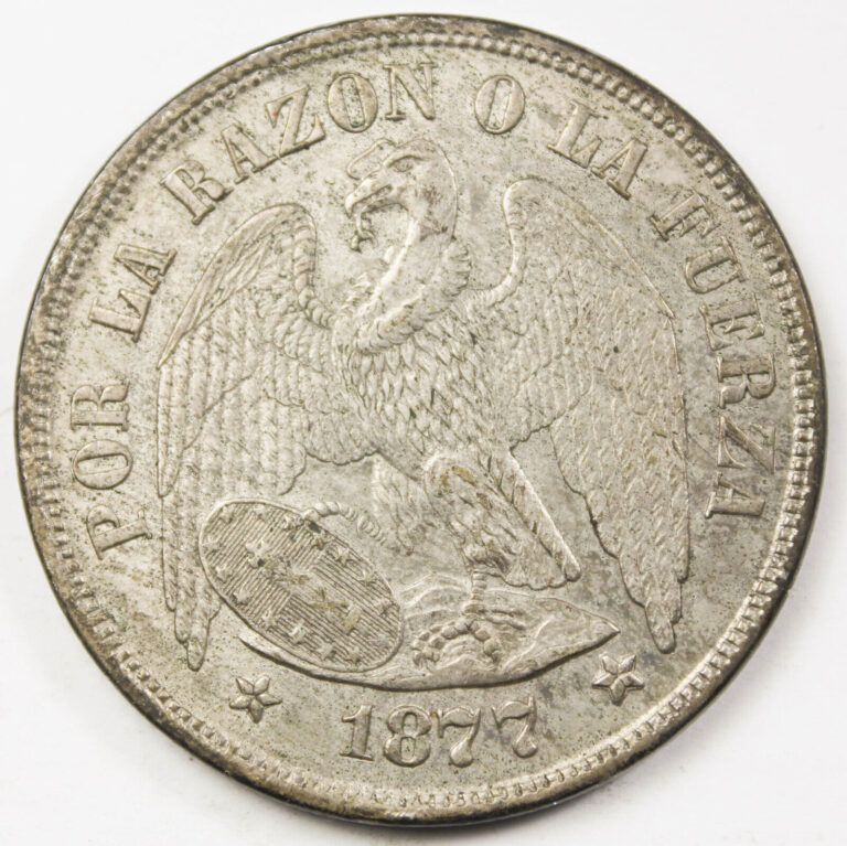 Read more about the article CHILE 1877 So 1 Peso 25 Gram 900 Silver Coin Almost UNC AU KM# 142.1 Crown Size