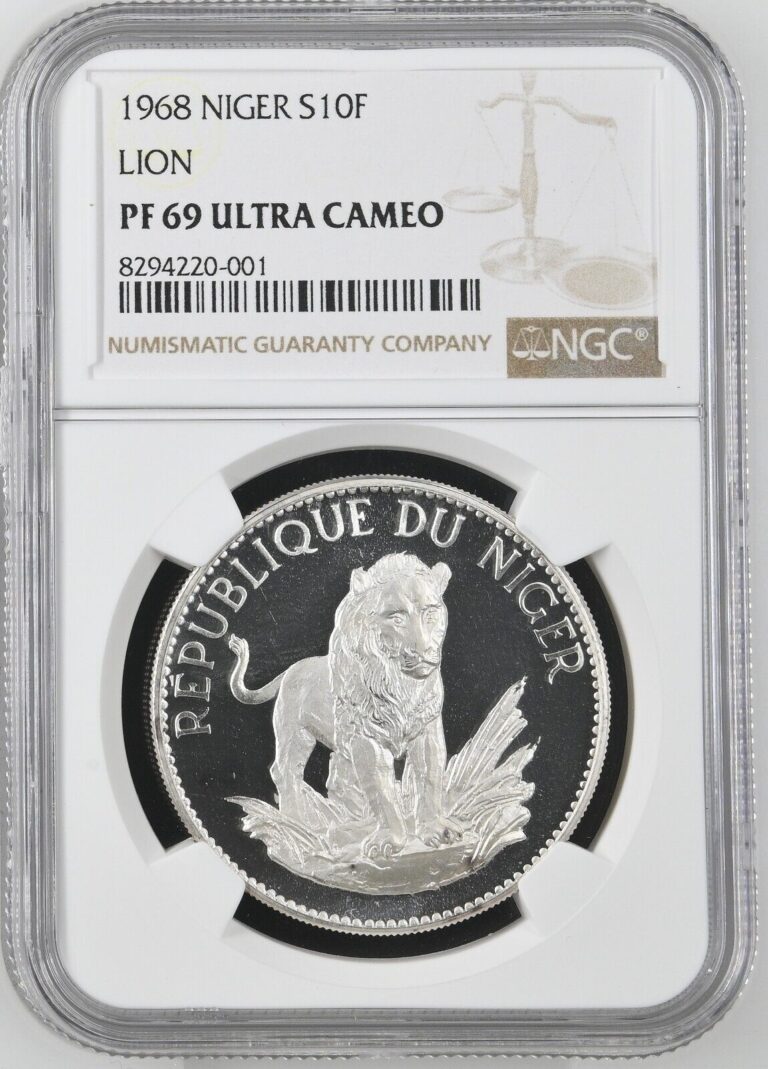 Read more about the article 1968 Niger 10 Francs NGC PF69 Ultra Cameo Proof Silver Lion