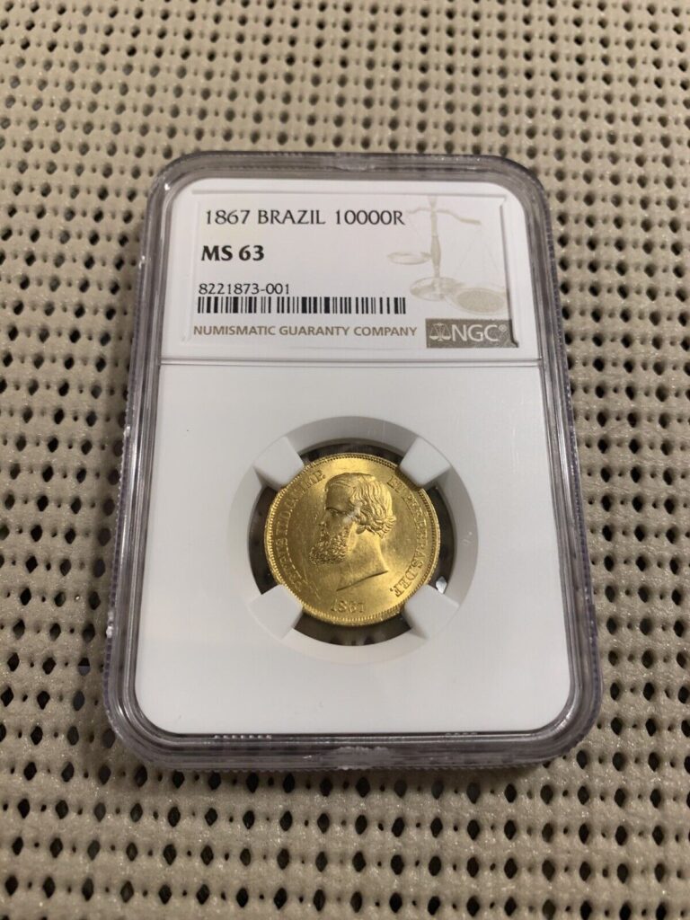 Read more about the article 1867 GOLD BRAZIL 10000 REIS NGC MS63 COIN MS 63 HIGH GRADE!! RARE!!!