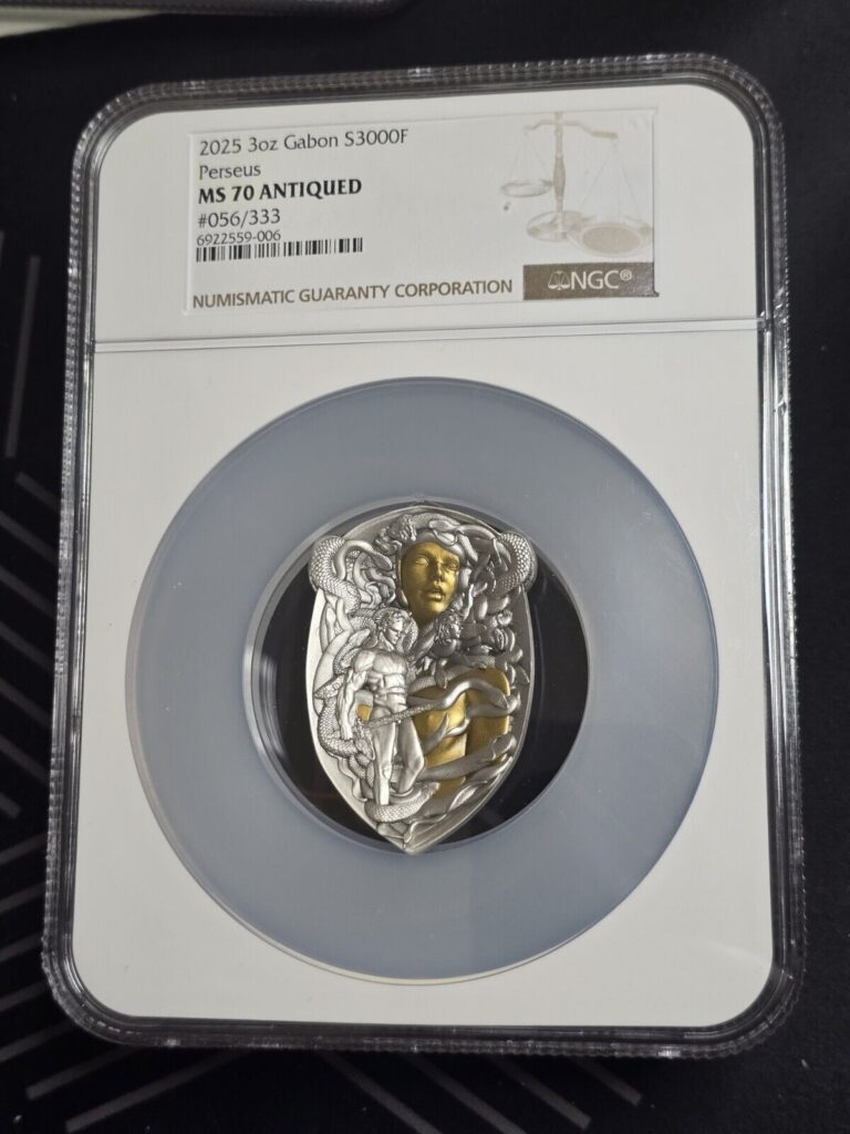 Read more about the article 2025 MS 70 Antiqued Shield Perseus 3 oz Silver Colorized Coin Gabon NGC