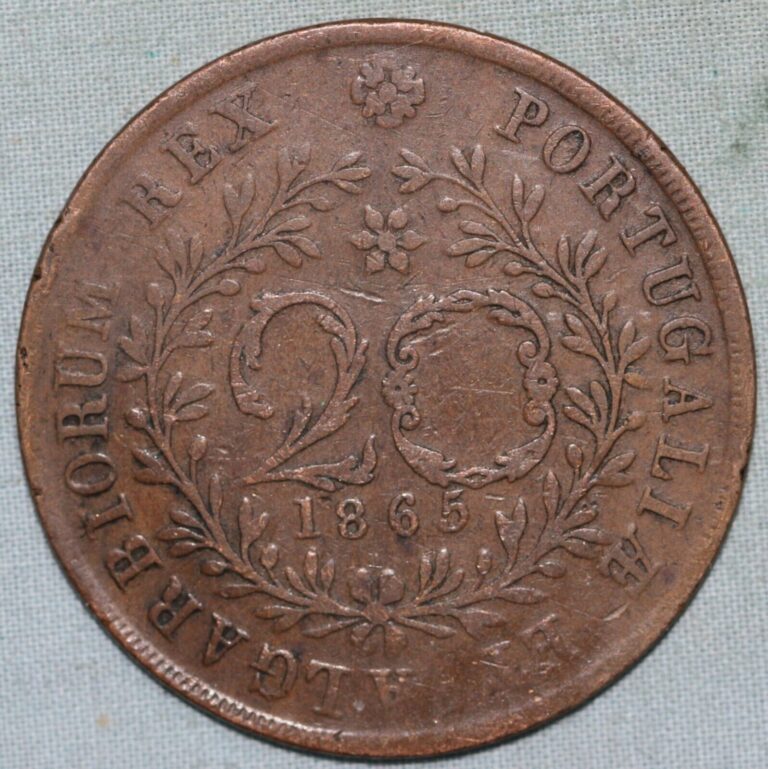 Read more about the article Portugal Azores 1865~ Copper 20 Reis  ~Large Coin~ Luiz I  ~99 ¢ shipping