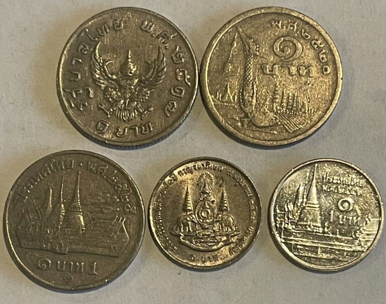 Read more about the article Thailand Lot Of (5) Old 1 Baht Coins 1974 1977 1982 1996 2013 Circ-UNC