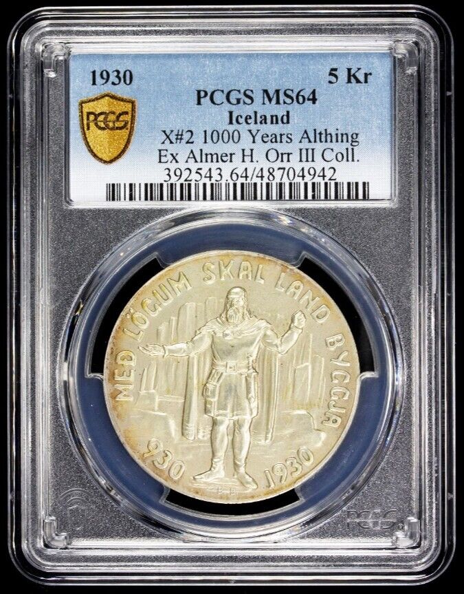 Read more about the article 1930 Silver Iceland 5 Kronur 1000 Years of Althing Christian X Medal PCGS MS 64