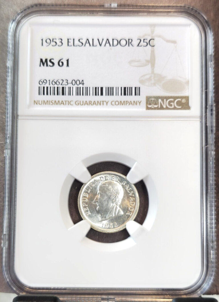 Read more about the article 1953 EL SALVADOR SILVER 25 CENTAVOS NGC MS 61 SCARCE GREAT LUSTER