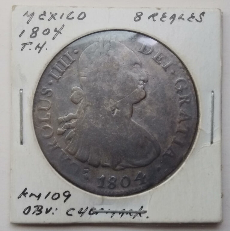 Read more about the article 8 Reales Mexico 1804 Silver Coin Nice Patina Color Stamped