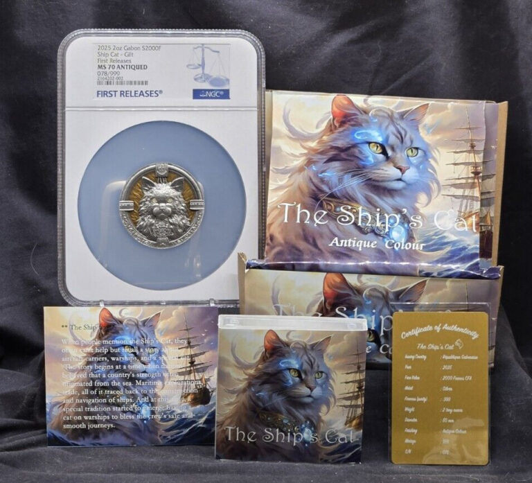 Read more about the article 2025 GABON 2000F SHIP CAT – NGC PF70 UC FR – 2 oz .999 ANTIQUED GILT SILVER COIN