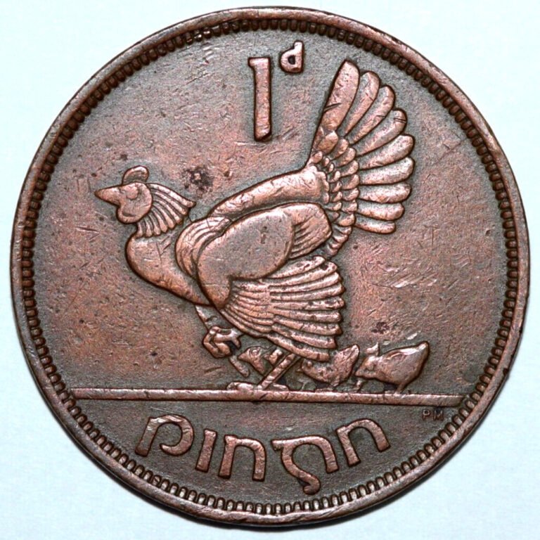 Read more about the article Ireland 1943 Penny  Hen with chicks  Irish Harp- Foreign Coin 31mm