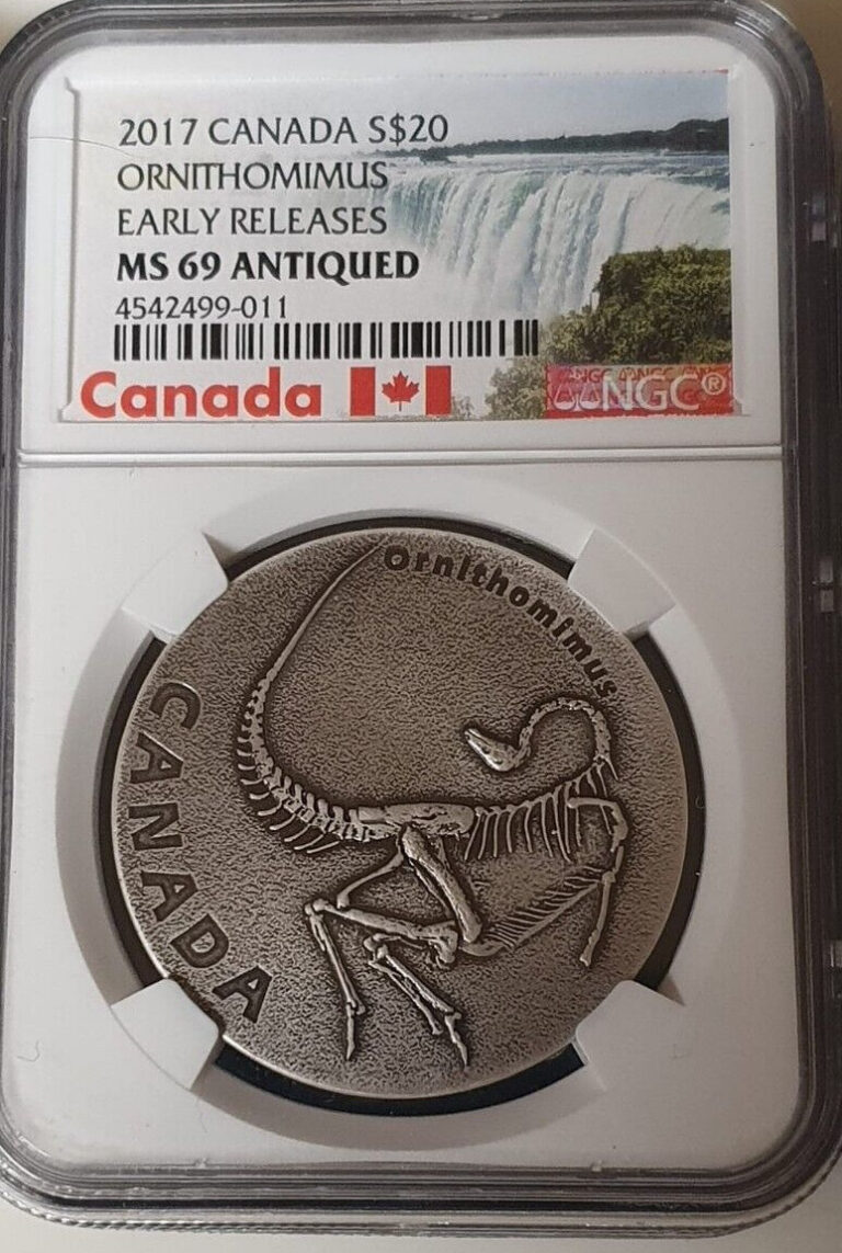 Read more about the article 2017 Ancient Canada Ornithominus $20 Silver Coin Antique Finish Dinosaur MS69