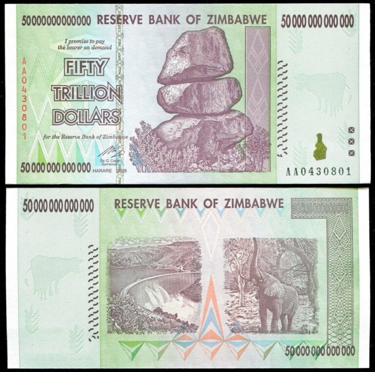 Read more about the article 2008 50 TRILLION DOLLARS ZIMBABWE BANKNOTE  AA P-90 GEM UNC