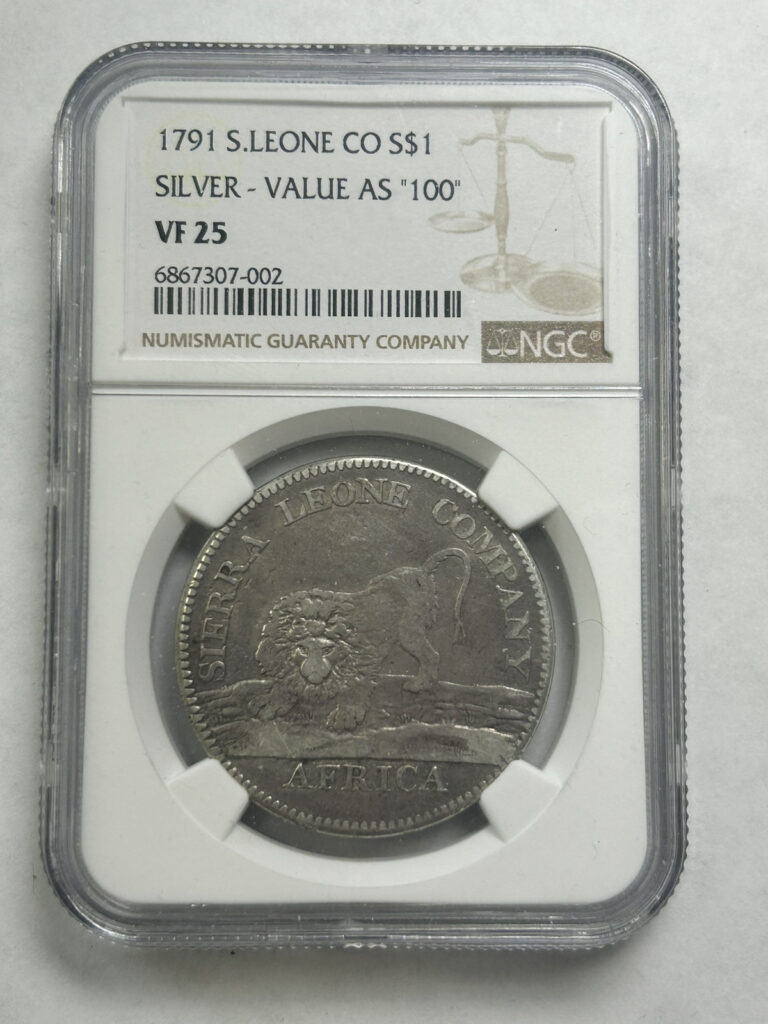 Read more about the article 1791 Sierra Leone 1D One Dollar VF25 Extremely Rare Silver Coin Only 6 560 Mint