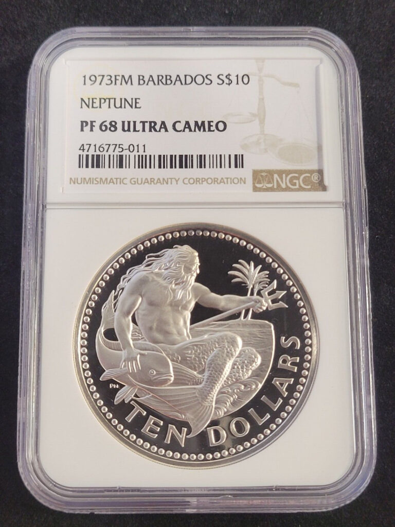 Read more about the article 1973 Barbados $10 Neptune PF68 Ultra Cameo NGC Sterling Silver Coin