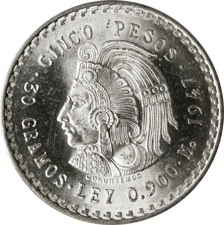 Read more about the article 1947 Mexico Cinco Pesos Cuauhtemoc Chief Brilliant Uncirculated World Coin