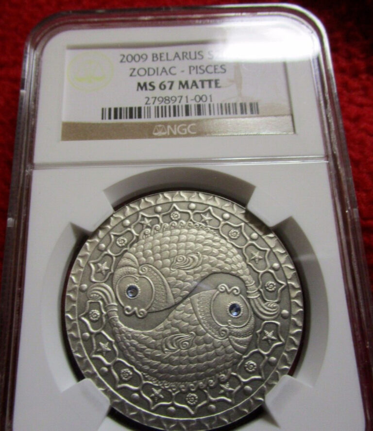 Read more about the article Belarus 2009 20 Rubles Zodiac Signs Pisces NGC MS67 Silver Coin w Swarovski pcgs