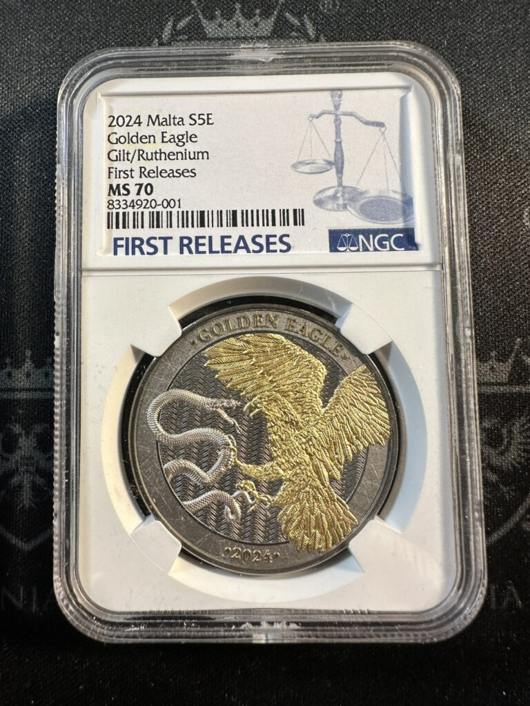 Read more about the article 2024 Malta Golden Eagle 1 oz Silver Limited Edition Gilded Coin NGC MS70 FR