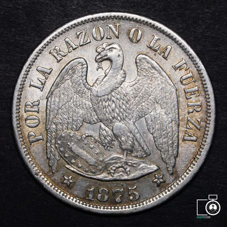 Read more about the article Chile  Santiago mint  1 Peso 1875  scratched  nice toning  silver crown coin