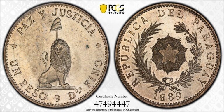 Read more about the article Paraguay 1889 silver peso PCGS MS63 Lion and Star Beautiful ORIGINAL MINT LUSTER