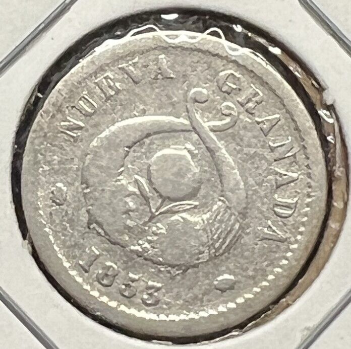 Read more about the article 1853 1 DECIMO .90 SILVER NUEVA GRENADA COLUMBIA  ACTUAL COIN #AU5556