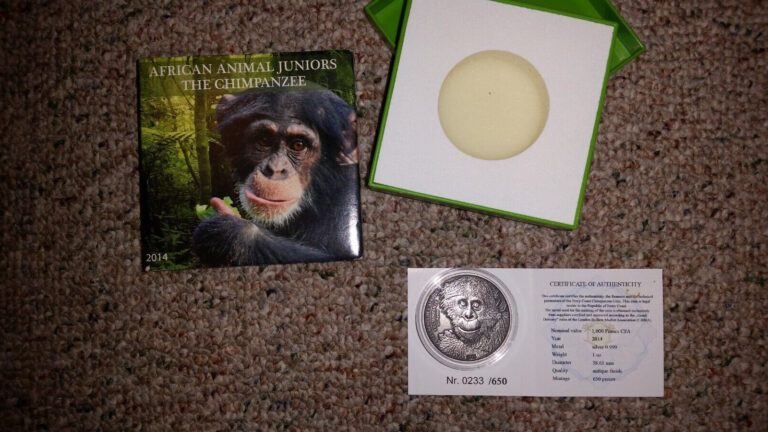 Read more about the article 2014 – Ivory Coast – Animal Juniors – Chimpanzee – Silver 1 oz – Antique Finish