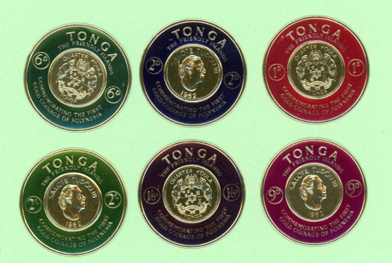 Read more about the article Tonga 13  stamps  128-133  C1-C6 CO7  First Gold Coin  1963  MNH  backing intact