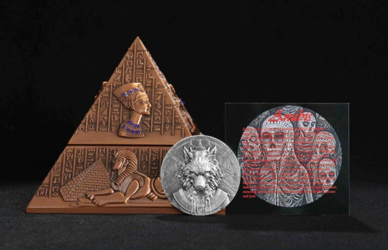 Read more about the article Egyptian God Anubis 2024 2 Oz .999 Silver 2000 Francs CFA Gabon High Relief Coin