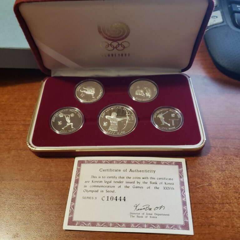 Read more about the article South Korea Proof Set of 5 Coins Seoul 1988 Olympics 2 oz Silver With COA C10444