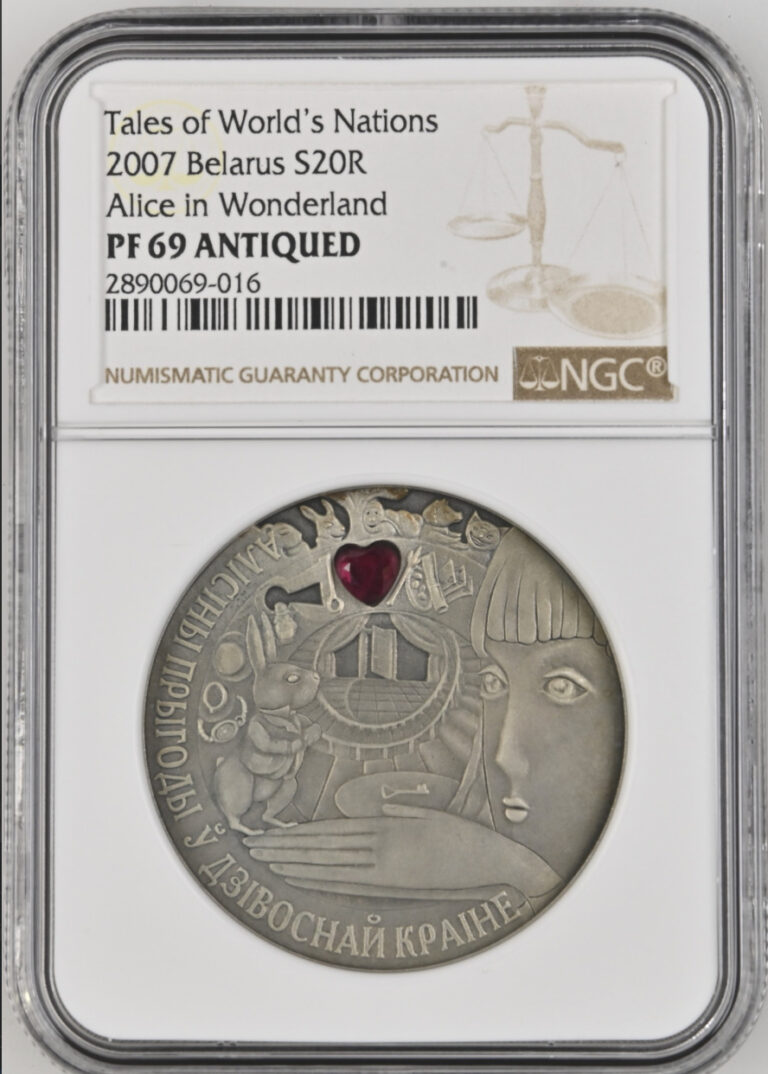 Read more about the article 20 ROUBLES 2007 BELARUS Lewis Carroll Alice in Wonderland SILVER UNC NGC MS 69