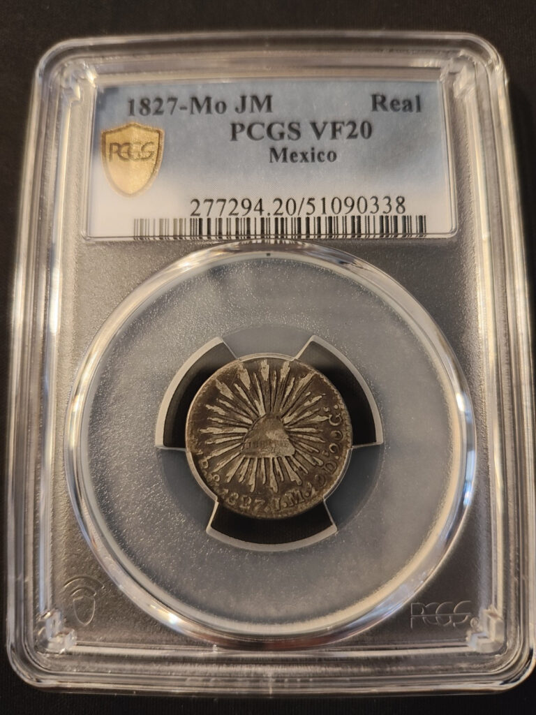 Read more about the article 1827-Mo JM Mexico Silver 1 Real – PCGS: VF 20