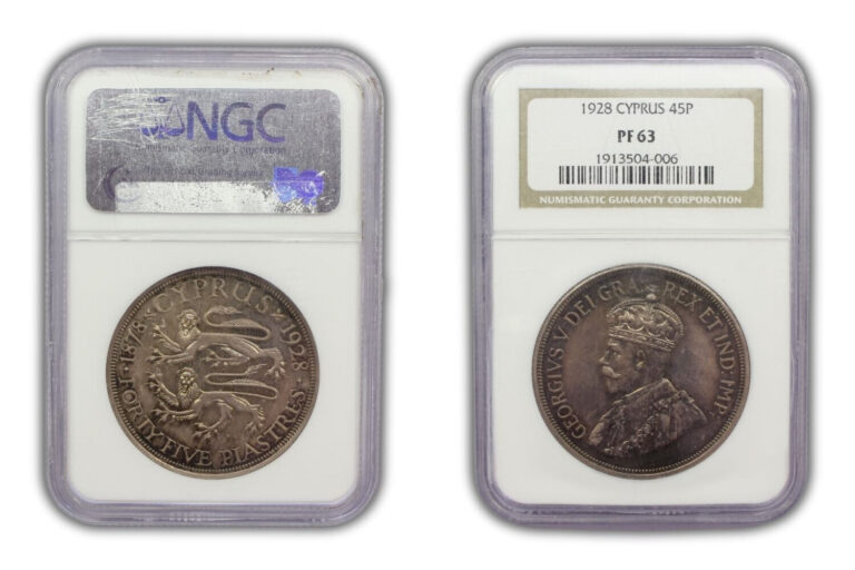 Read more about the article 1928 Cyprus 45 Piastres Proof Coin NGC PF 63