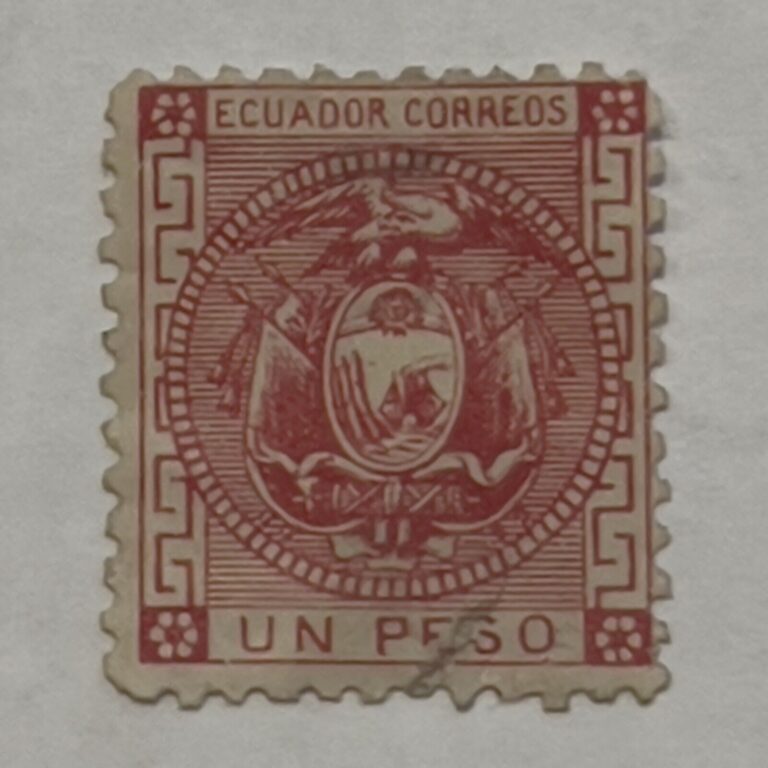 Read more about the article RARE 1872 ECUADOR 1 PESO STAMP #11 COAT OF ARMS PINK CARMINE