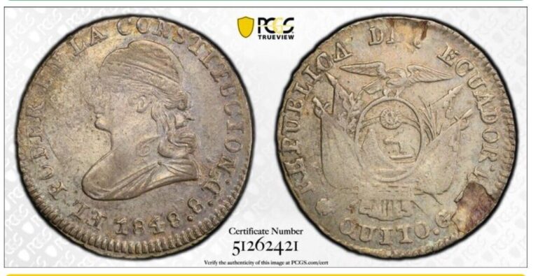 Read more about the article 1848 ECUADOR QUITO SILVER COIN 1/2 REALES  PLANCHET MINT ERRO PCGS AU