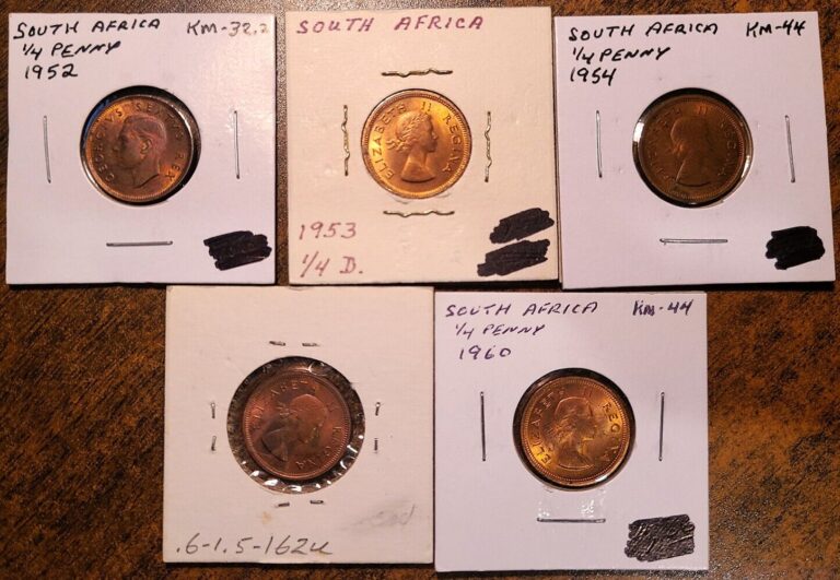 Read more about the article 1952-1953-1954-1955-1960 SOUTH AFRICA LOT OF FIVE 1/4 PENNY (UNC!)