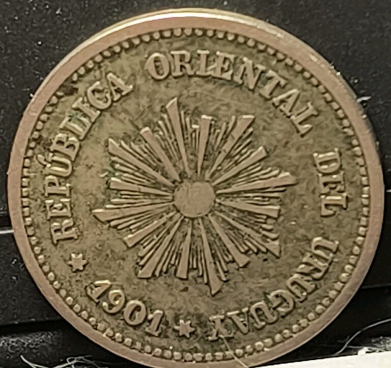 Read more about the article #461 1901 Uruguay 2 Centesimos Coin  Radiant Sun in center  Palm Wreath XF Cond