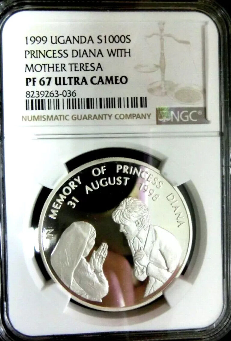 Read more about the article NGC PF68 Uganda 1999 Diana With Mother Teresa 1oz 999 Silver 1000 shillings proo