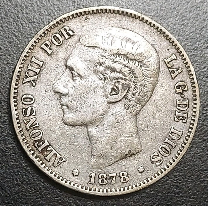 Read more about the article 1878 DE M SPAIN 5 PESETAS LARGE CROWN SIZE SILVER OLD COIN ALFONSO XII