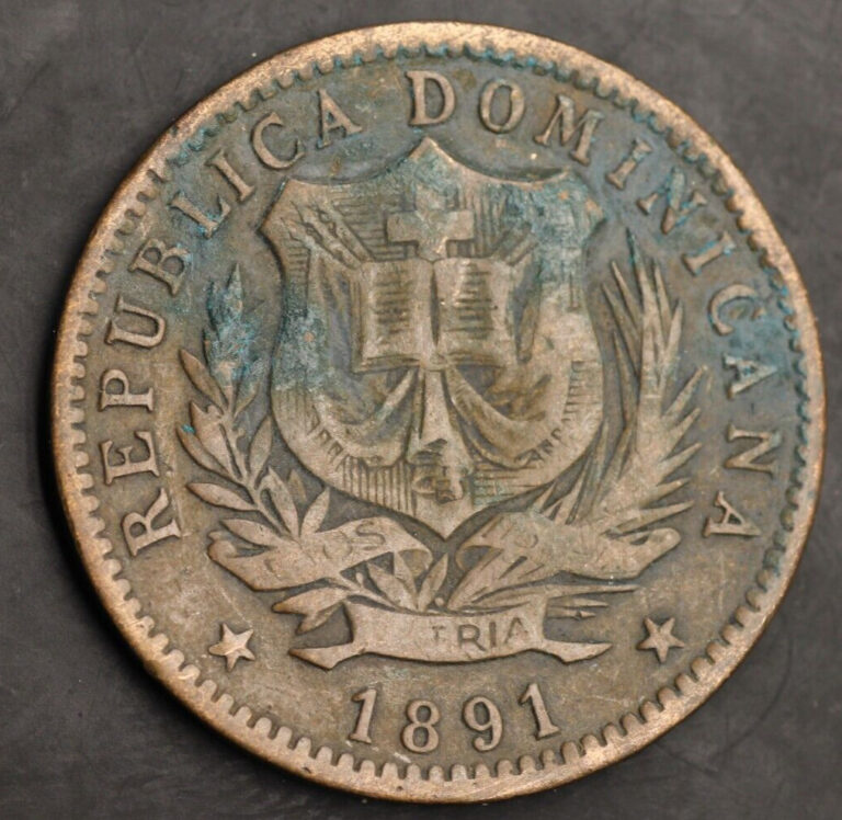 Read more about the article 1891 A REPUBLICA DOMINICANA 10 Centesimos de Franco Bronze Coin KM # 9